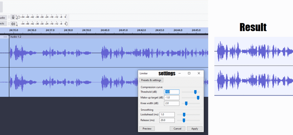 Screenshot of Audacity settings for Limiter