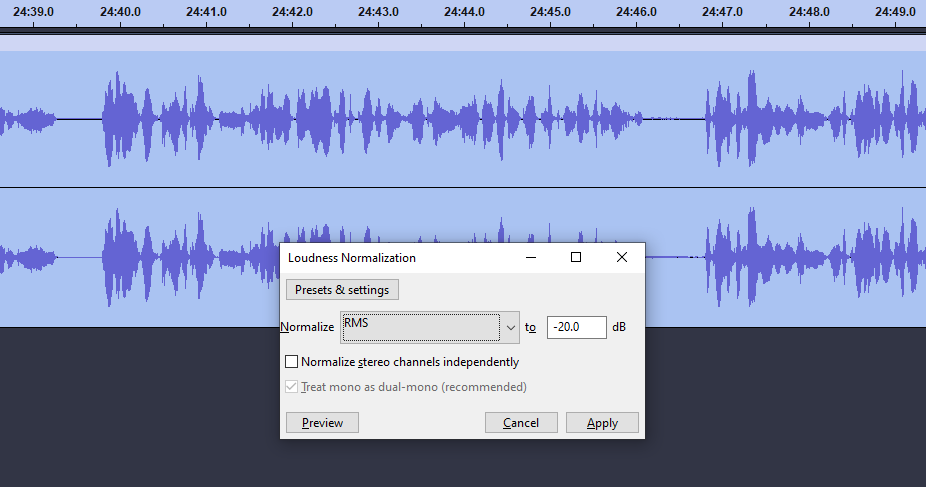 Screenshot of Audacity Loudness Normalization settings