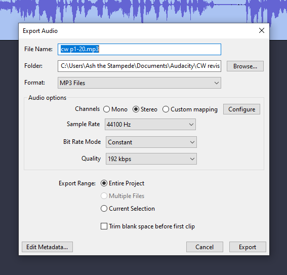 screenshot of Audacity output settings